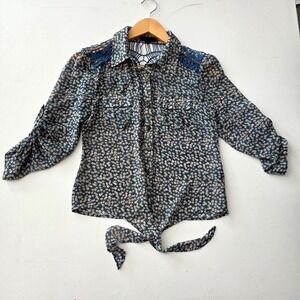 Blouse‎ Women S Blue Daisy Floral Crochet Lace Tie Front Boho TA1296 Festival
